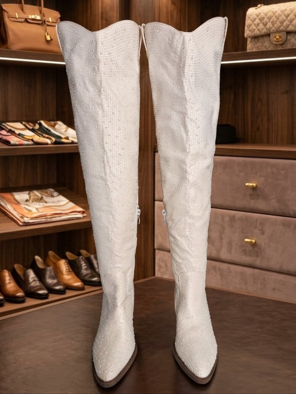 ✨ Forever Link White Rhinestone Over-The-Knee Cowgirl Boots 7.5